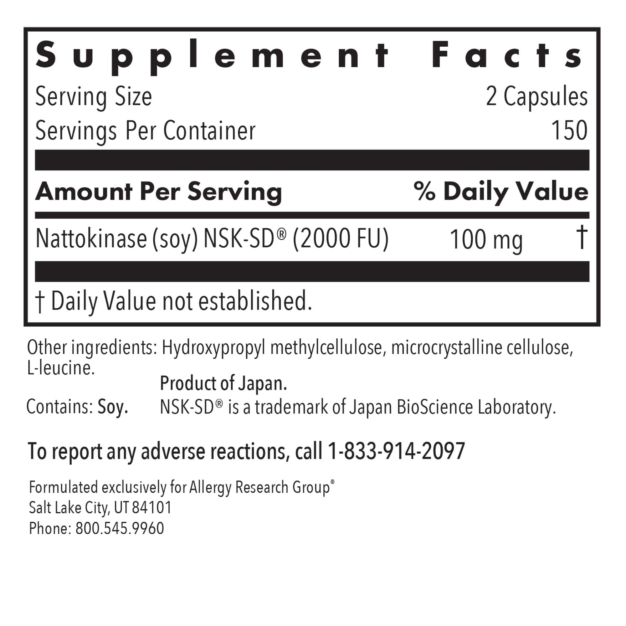 Allergy Research Group Nattokinase 50mg NSK-SD 1000 FU | Cardiovascular Support | 300 Count