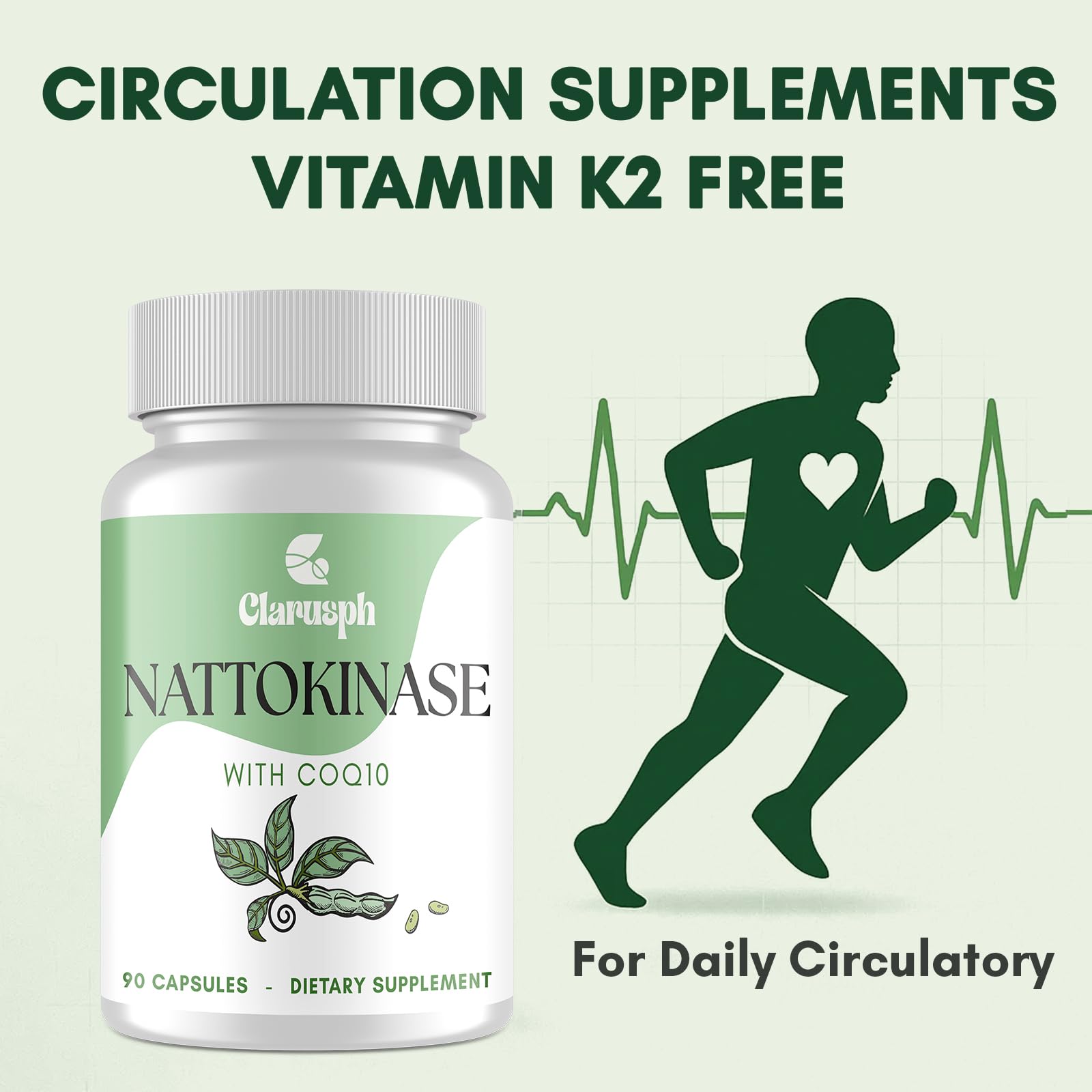 Clarusph Nattokinase Supplement for Circulation – 8000 FU + CoQ10, 90 Capsules, Gluten-Free