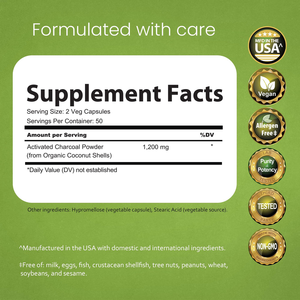 NaturaLife Labs Activated Charcoal 1200 mg – 100 Veg Capsules | Non-GMO, Gluten-Free, Vegan