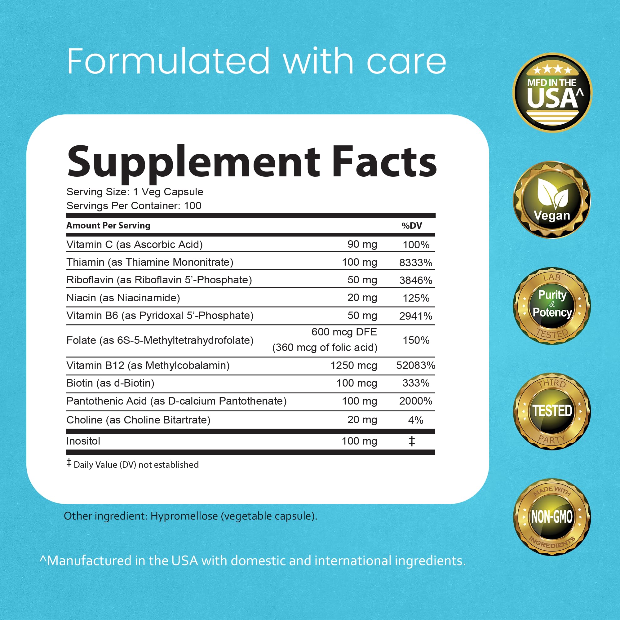 NaturaLife Labs Vitamin B-Complex with Vitamin C & Folic Acid | 100 Capsules