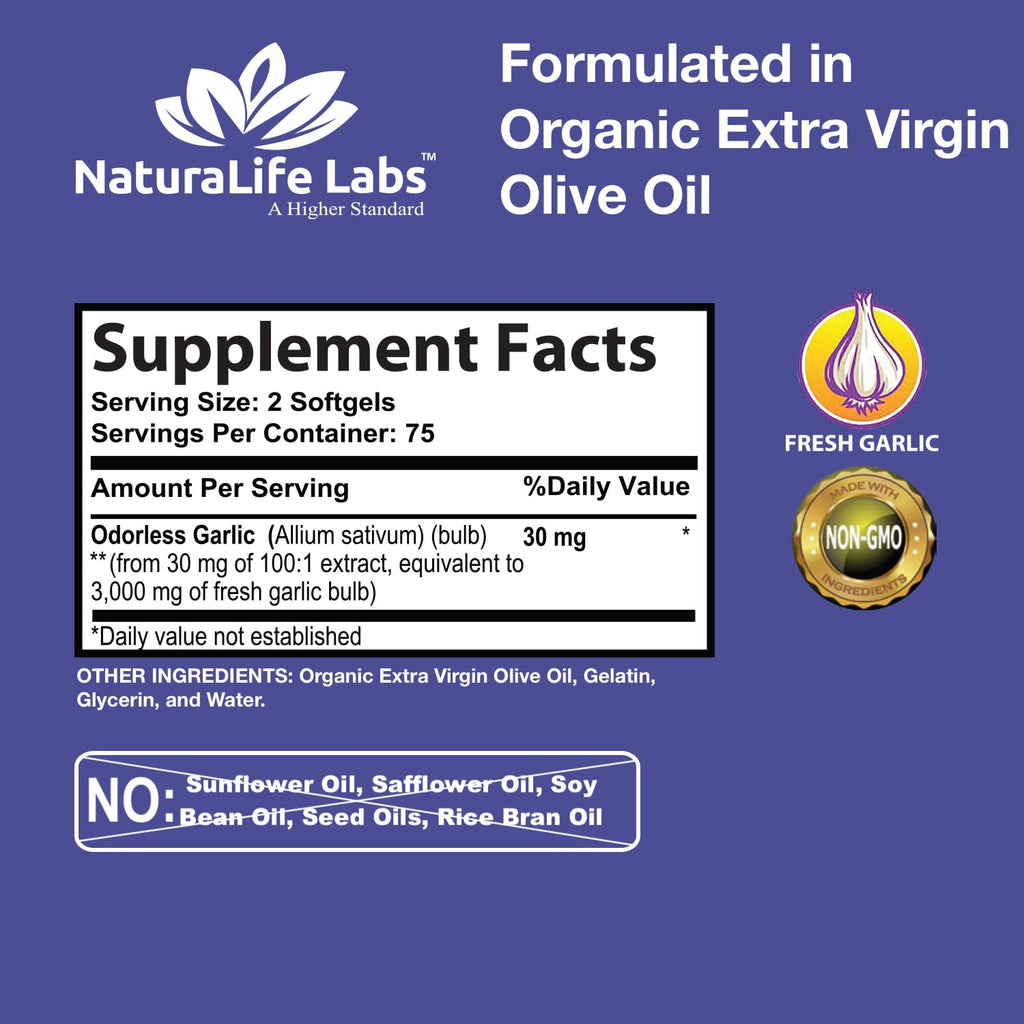 NaturaLife Labs Odorless Garlic – 3,000 mg per Serving | 150 Softgels | Non-GMO, Gluten-Free