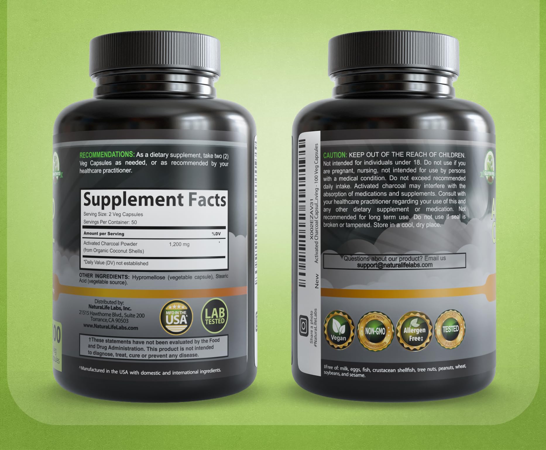 NaturaLife Labs Activated Charcoal 1200 mg – 100 Veg Capsules | Non-GMO, Gluten-Free, Vegan