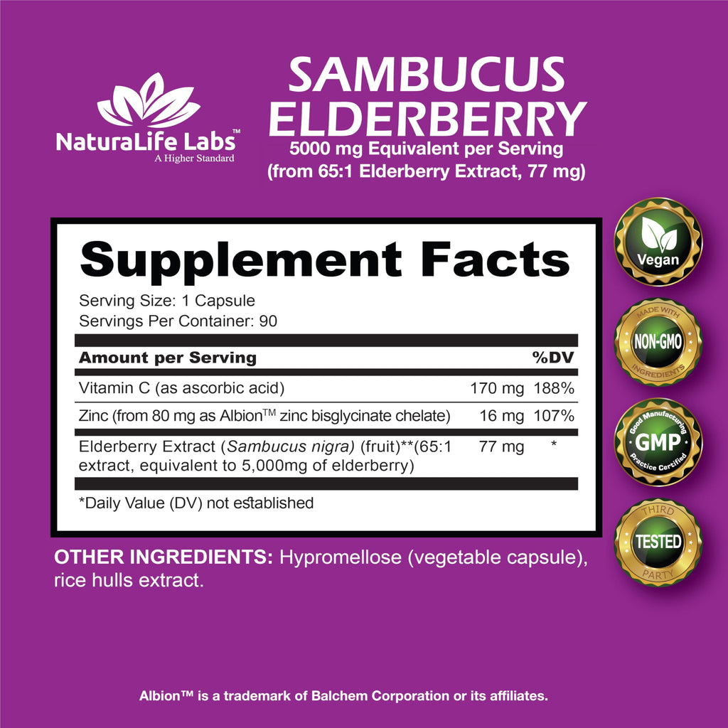 NaturaLife Sambucus Elderberry 5,000 mg (65:1) + Vitamin C & Zinc – 90 Veg Capsules
