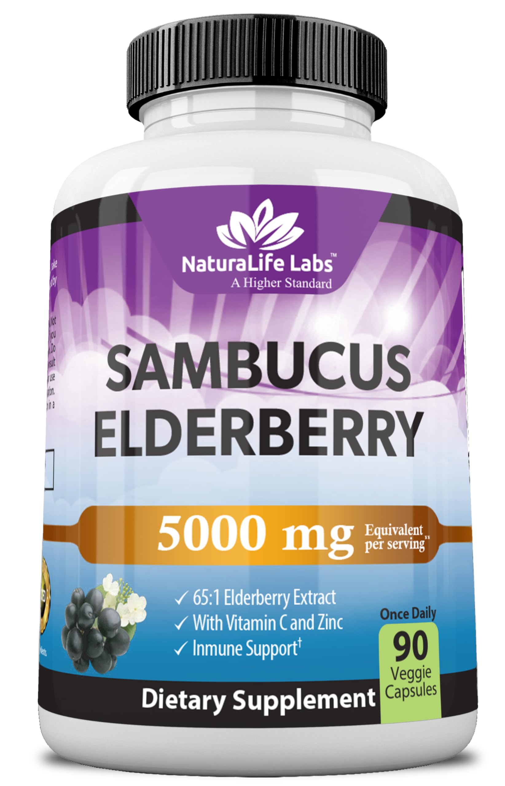 NaturaLife Sambucus Elderberry 5,000 mg (65:1) + Vitamin C & Zinc – 90 Veg Capsules