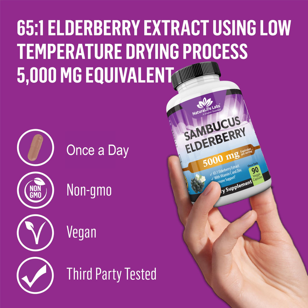 NaturaLife Sambucus Elderberry 5,000 mg (65:1) + Vitamin C & Zinc – 90 Veg Capsules