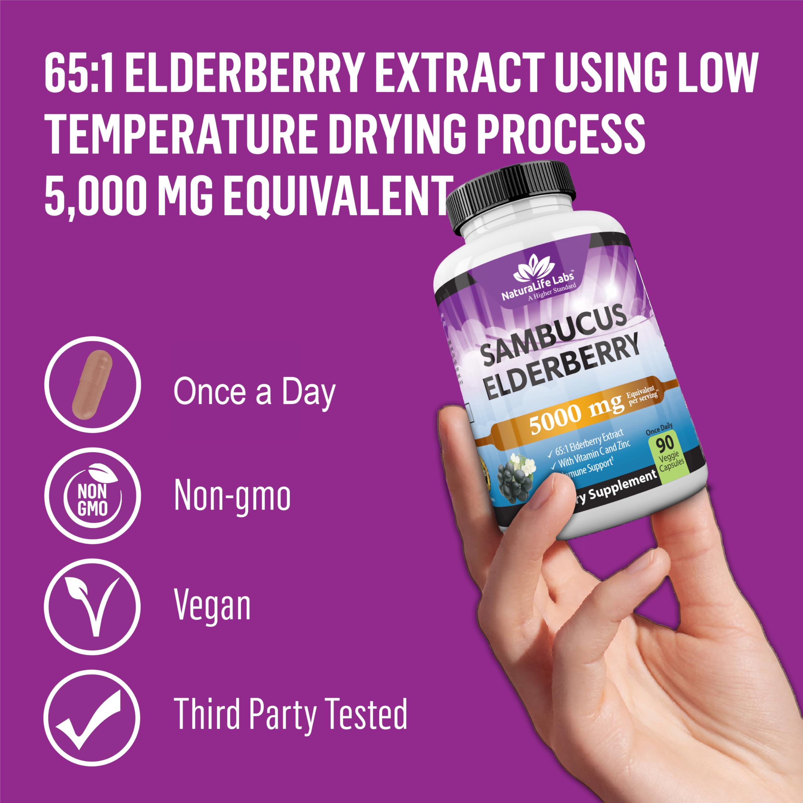 NaturaLife Sambucus Elderberry 5,000 mg (65:1) + Vitamin C & Zinc – 90 Veg Capsules