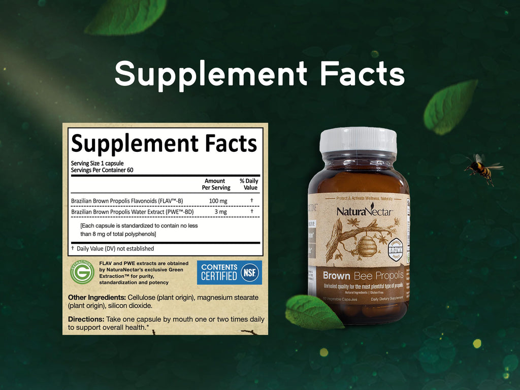 NaturaNectar Brown Bee Propolis - NSF Certified, Gluten-Free, Premium Brazilian Propolis (60pcs)