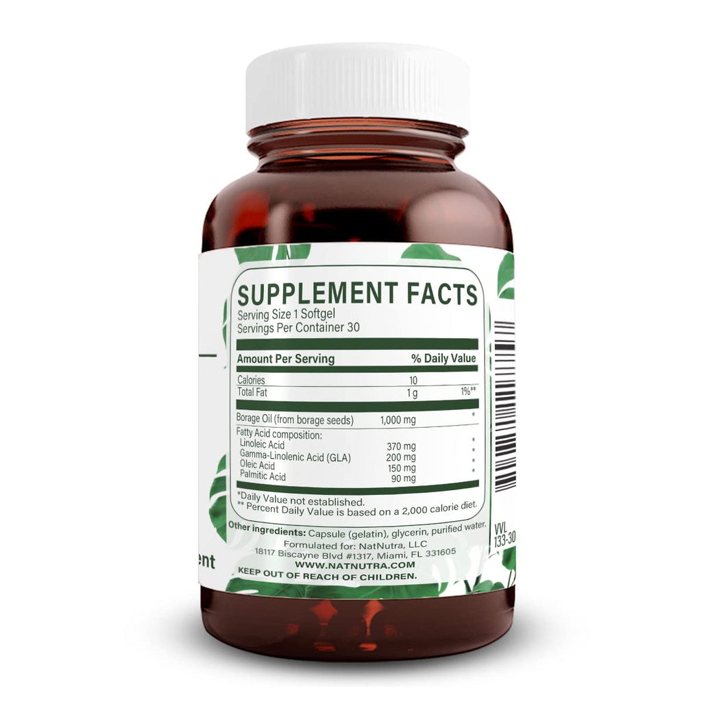 Natural Borage Oil Supplement with GLA – Supports Skin, Nerve & Joint Health (30 Soft Gels)