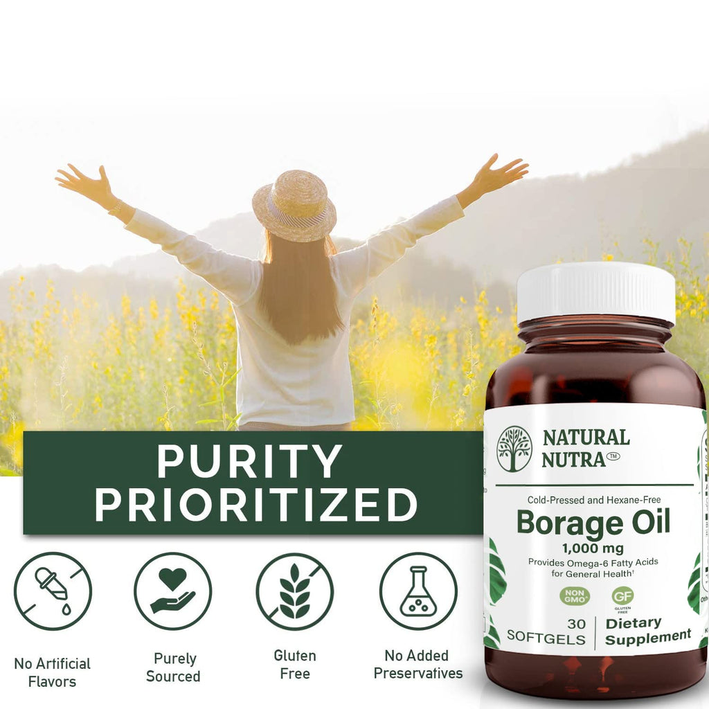 Natural Borage Oil Supplement with GLA – Supports Skin, Nerve & Joint Health (30 Soft Gels)
