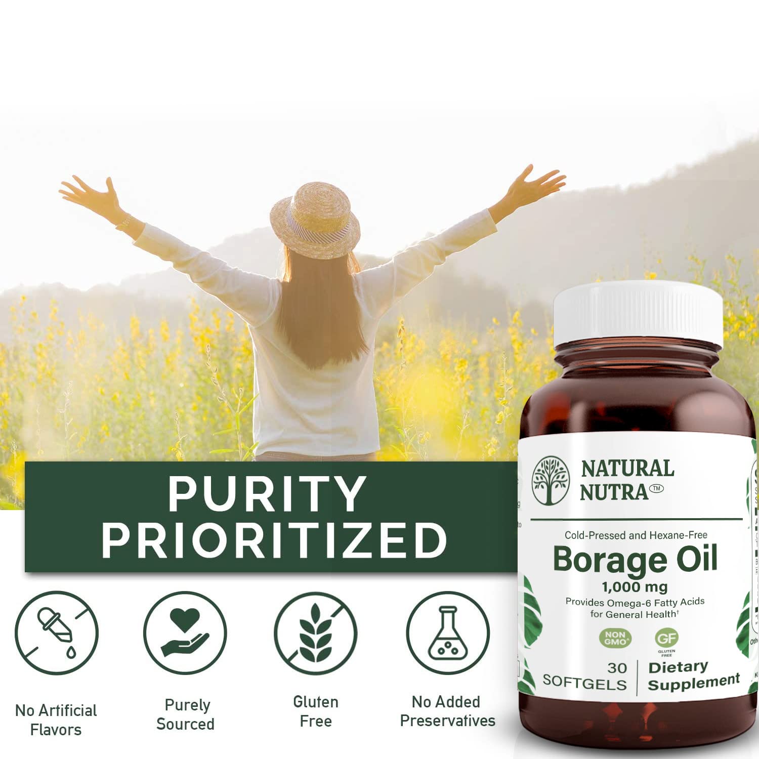 Natural Borage Oil Supplement with GLA – Supports Skin, Nerve & Joint Health (30 Soft Gels)