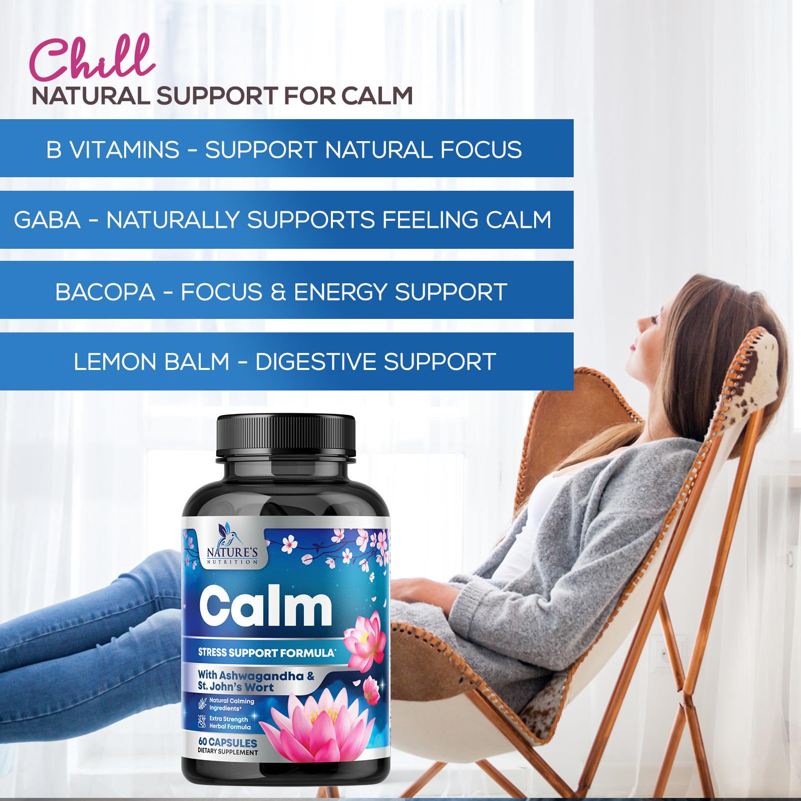 Natural Calm: Ashwagandha, GABA & Magnesium – Unwind, Focus & Immune Support (120 Capsules) | Vegan, Non-GMO, Gluten Free, Made in USA