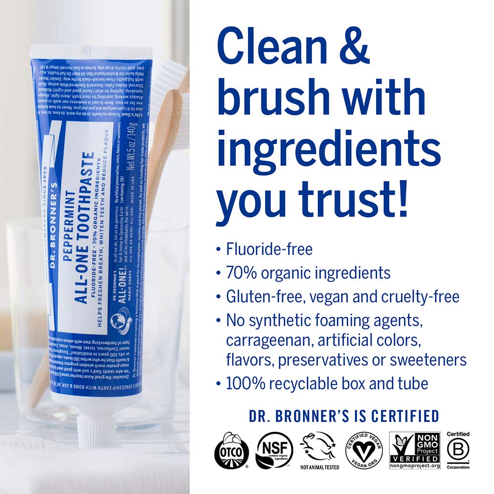 Dr. Bronner’s All-One Toothpaste - Peppermint, 5 oz | 70% Organic