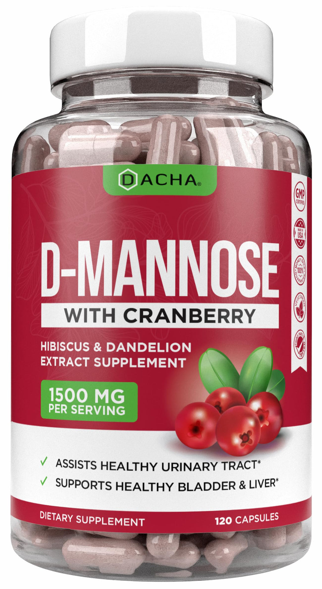 Natural D-Mannose Capsules 4-in-1 Formula - 120 Caps | 1500 mg Cranberry, Dandelion & Hibiscus