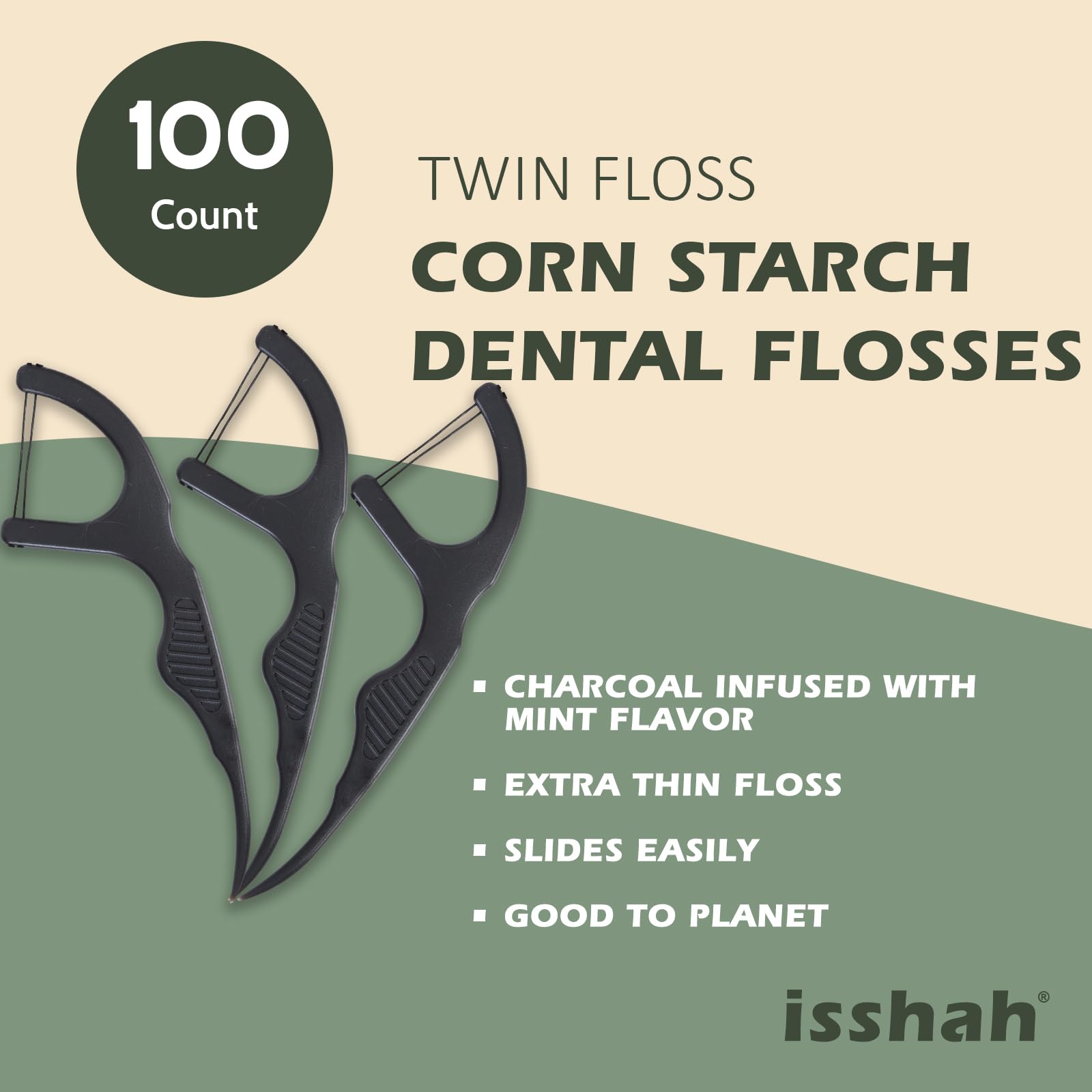 Natural Dental Floss Picks (100 Count) - Vegan, Eco Friendly, Sustainable Dental Flossers - Twin Floss (Charcoal)