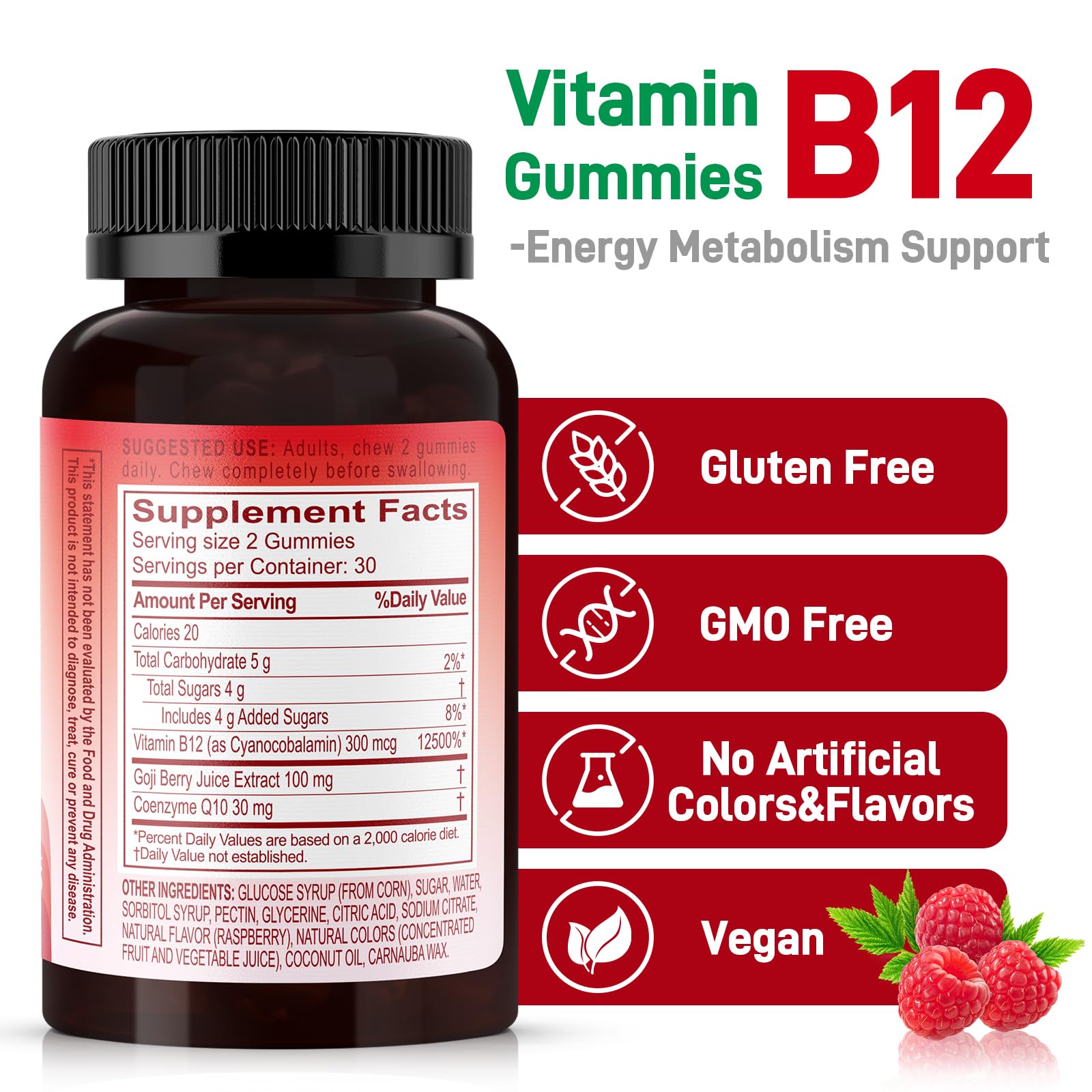 Natural Energy Gummies with Vitamin B12, Goji & CoQ10 – Raspberry, 120 Count (GMO Free, Gluten Free)