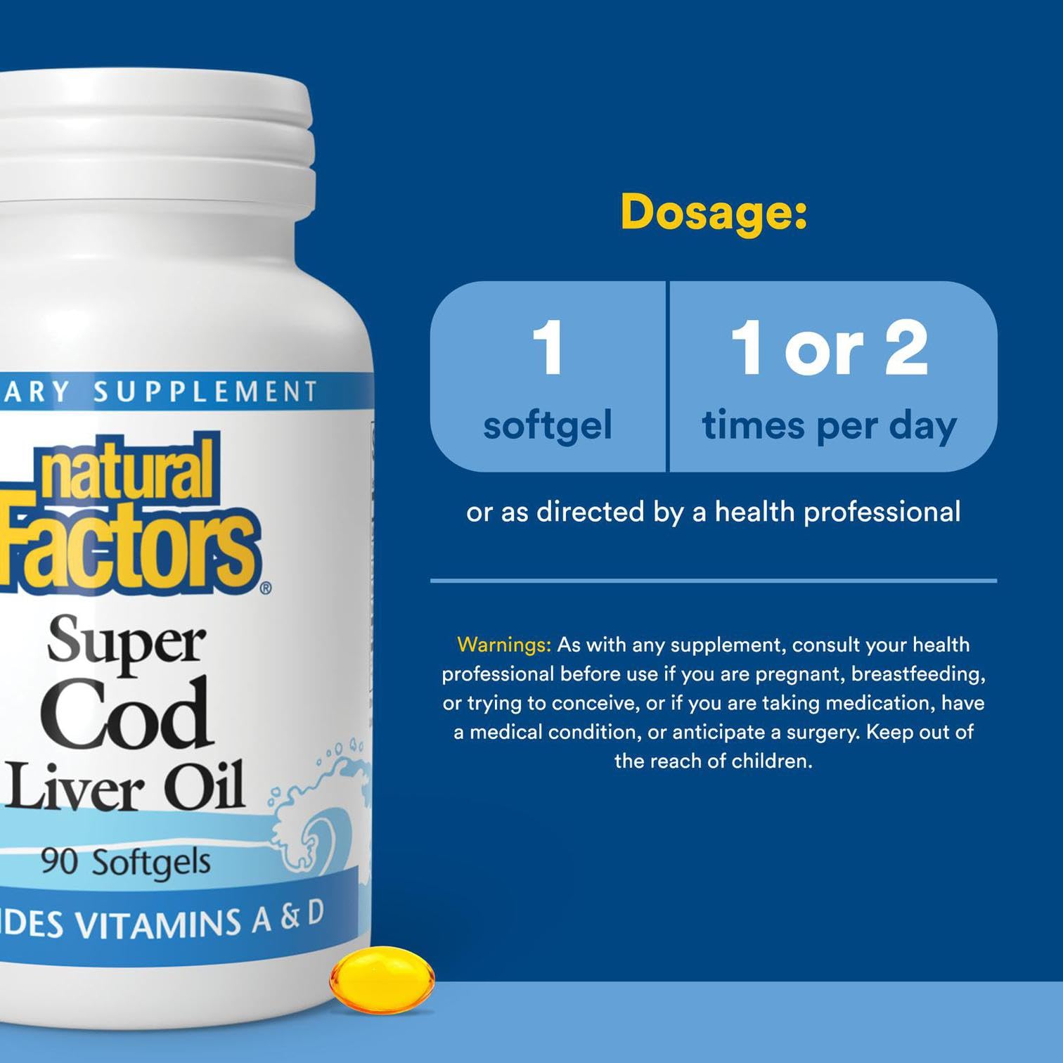 Natural Factors Cod Liver Oil, 90 Capsules | Vitamin A & D for Immune & Bone Health