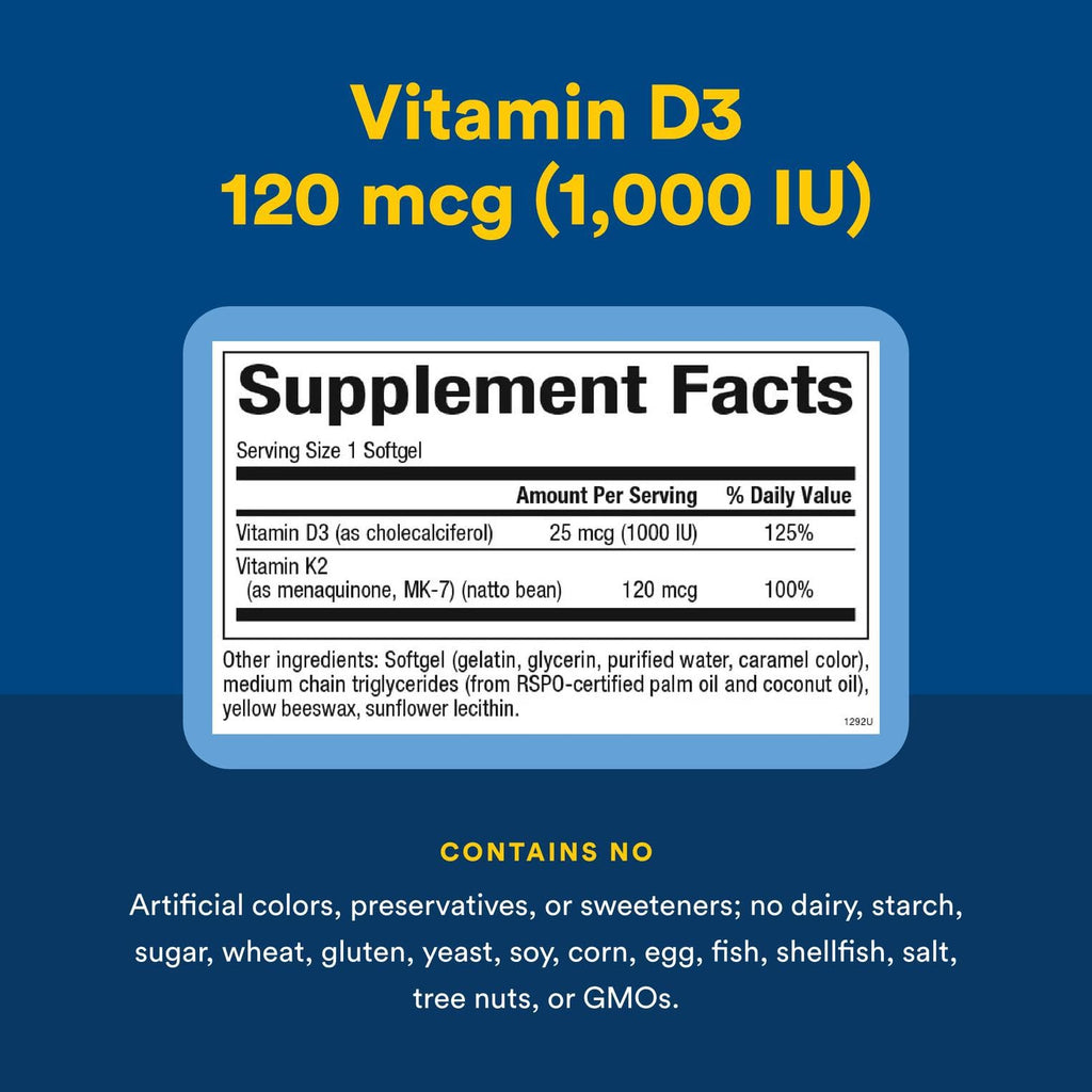 Natural Factors Vitamin D3 + K2 1000 IU / 120 mcg – Bone & Vascular Health – 60 Softgels
