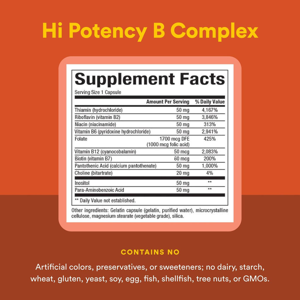 Natural Factors Hi Potency B Complex 50 mg - 90 Capsules | B Vitamins with Choline & Inositol