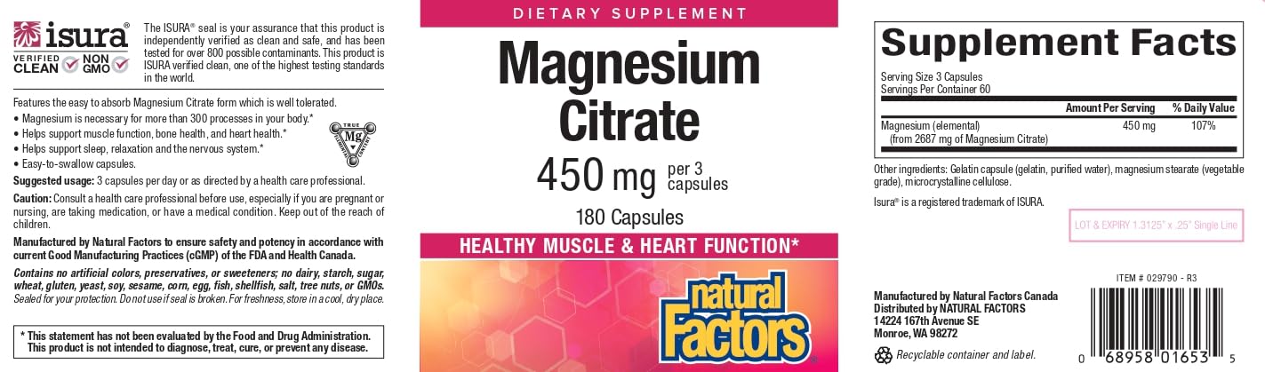Natural Factors Magnesium Citrate 150 mg – 180 Capsules | Muscle & Heart Health