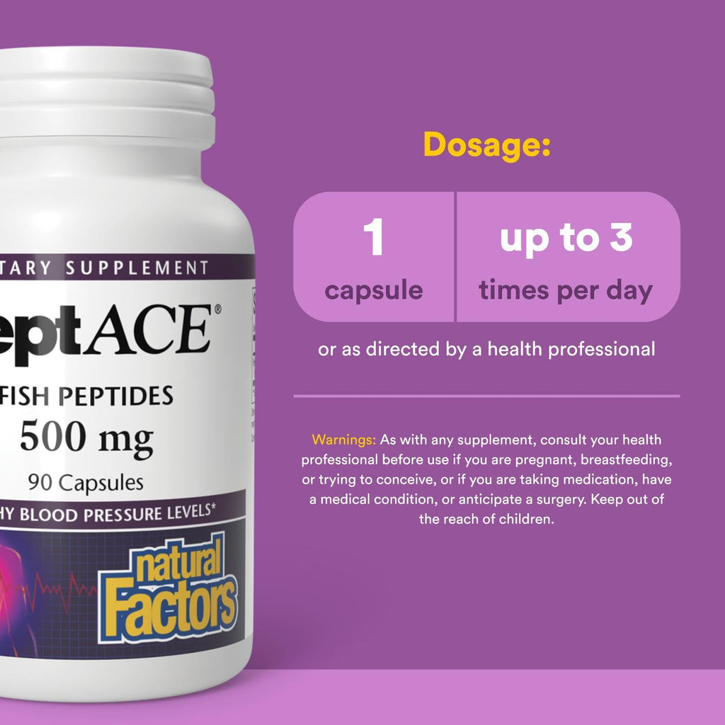 Natural Factors PEPTACE FISH PEPTIDES 500 mg, 90 Capsules - Blood Pressure Support