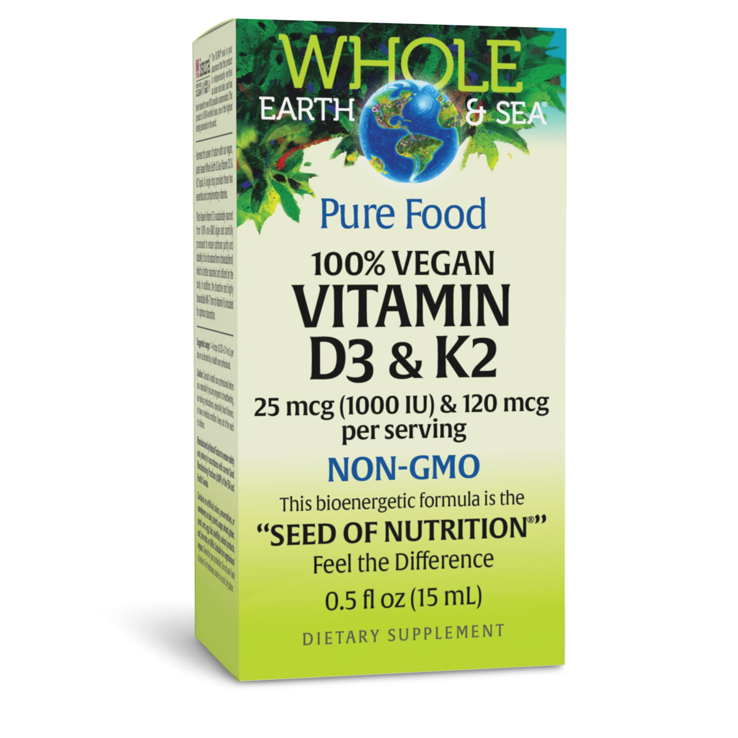 Natural Factors Whole Earth & SEA 100% Vegan Vitamin D3 & K2 25 MCG/120 MCG, 60 Vegetarian Capsules