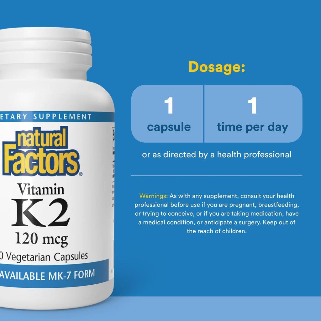 Natural Factors Vitamin K2 120 mcg MK-7 – Supports Bone & Vascular Health, 60 Capsules