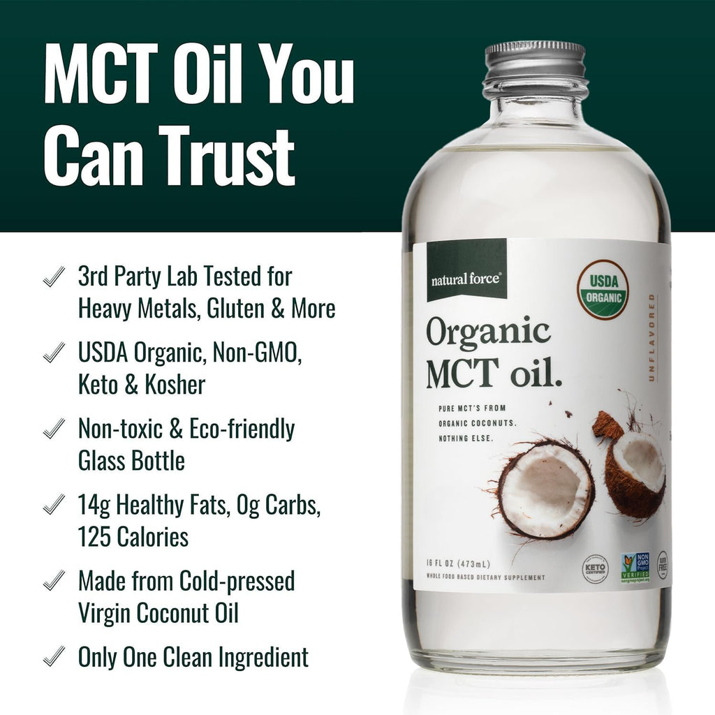 Natural Force Organic MCT Oil – 16 oz Glass Bottle | Keto, Paleo, Kosher, Vegan & Non-GMO