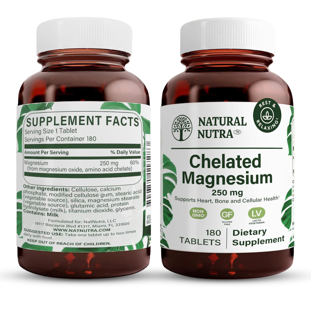 Natural Nutra Chelated Magnesium Oxide 250 mg – 180 Tablets (2 Pack) in BPA-Free Recyclable Glass Bottles
