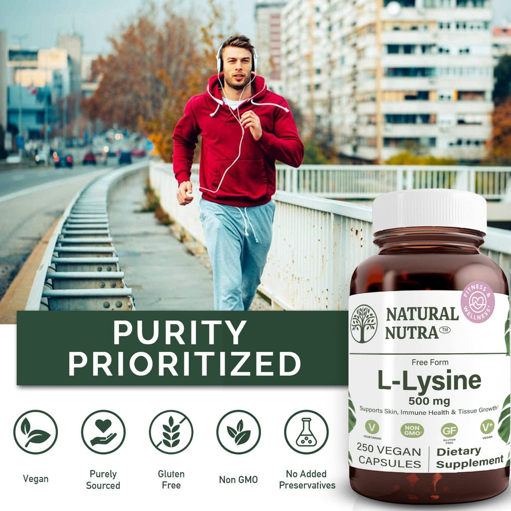 Natural Nutra L Lysine HCl 500 mg | Bone Health, Skin Support, Vegan, Non-GMO, 250 Capsules