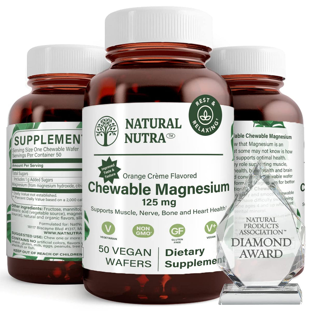 Natural Nutra Magnesium Chewable 125mg – 50 Vegan Wafers for Sleep, Muscle, Nerve, Bone & Heart Health