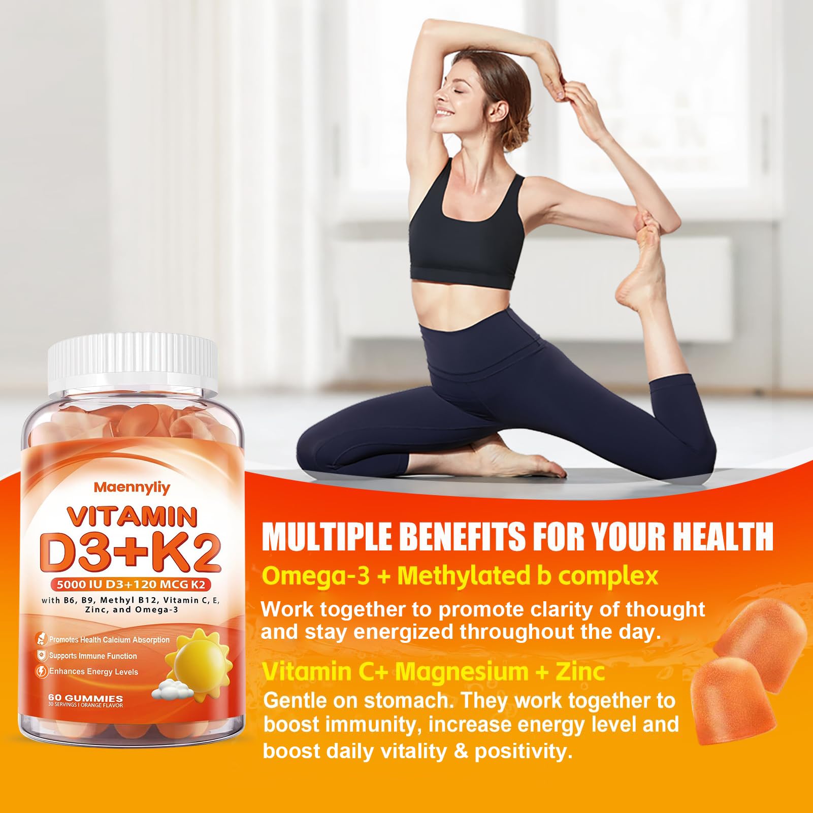 Vitamin D3 K2 Gummies for Adults – 5000IU D3 + 120mcg MK-7 K2 | Sugar-Free, Omega-3 & B Vitamins