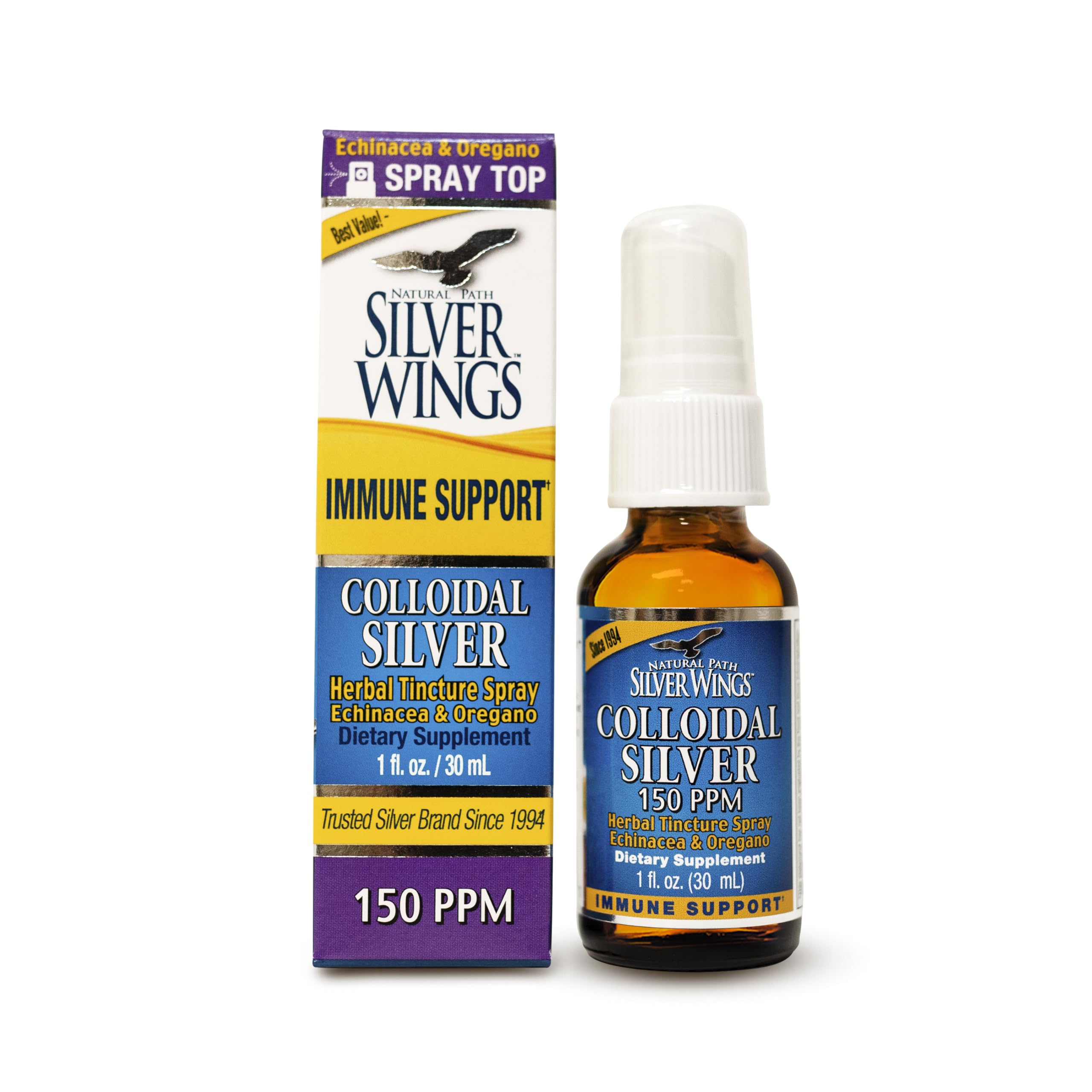 Natural Path Silver Wings Colloidal Silver 150ppm with Echinacea & Oregano Immune Support - 1 fl oz Spray