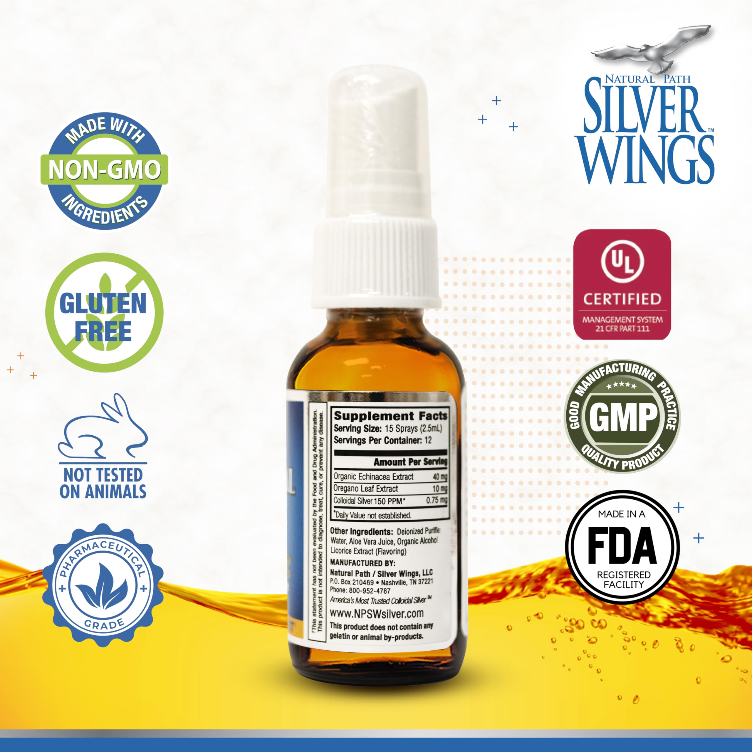 Natural Path Silver Wings Colloidal Silver 150ppm with Echinacea & Oregano Immune Support - 1 fl oz Spray