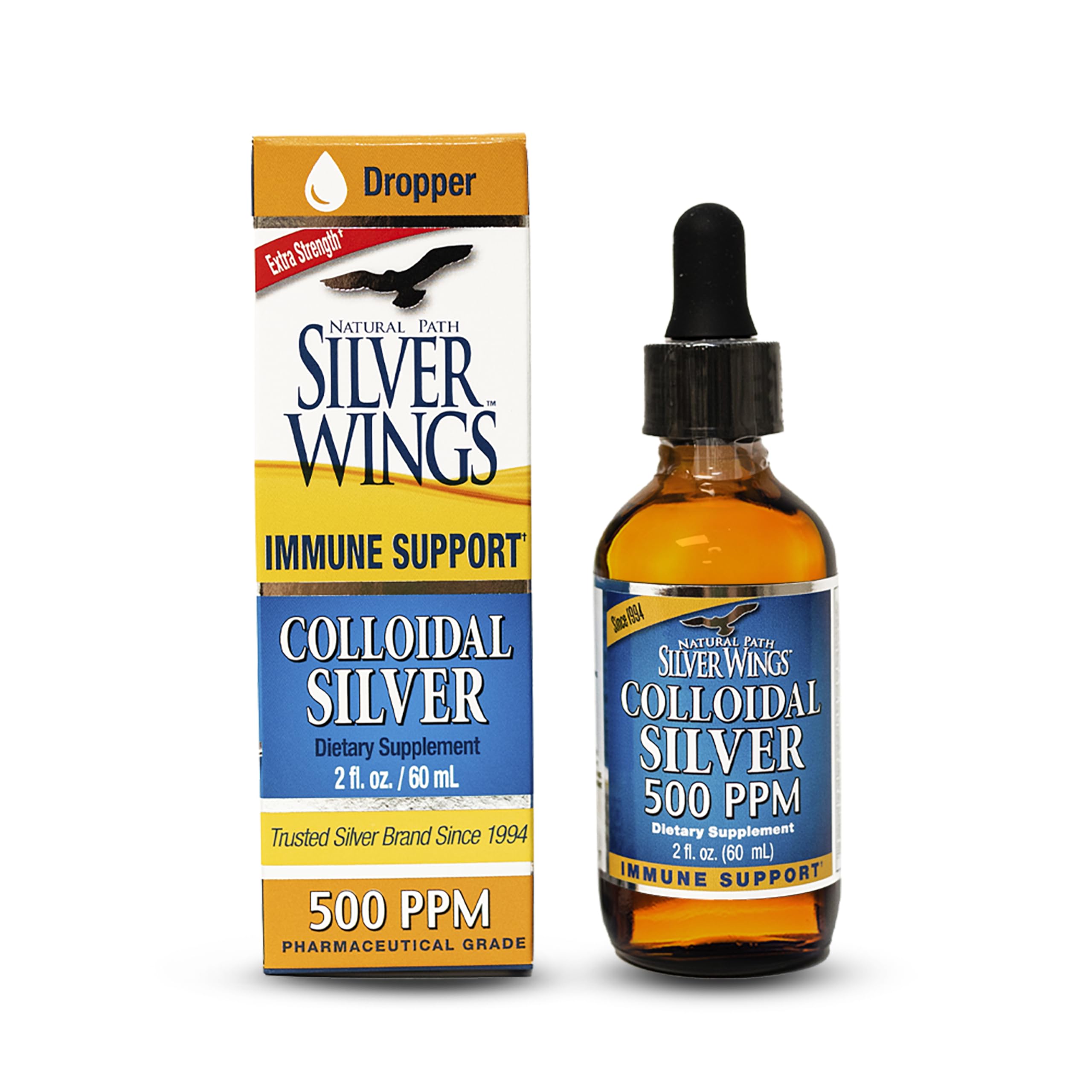 Natural Path Silver Wings Colloidal Silver - Extra Strength 500ppm Immune Support - 2oz Dropper