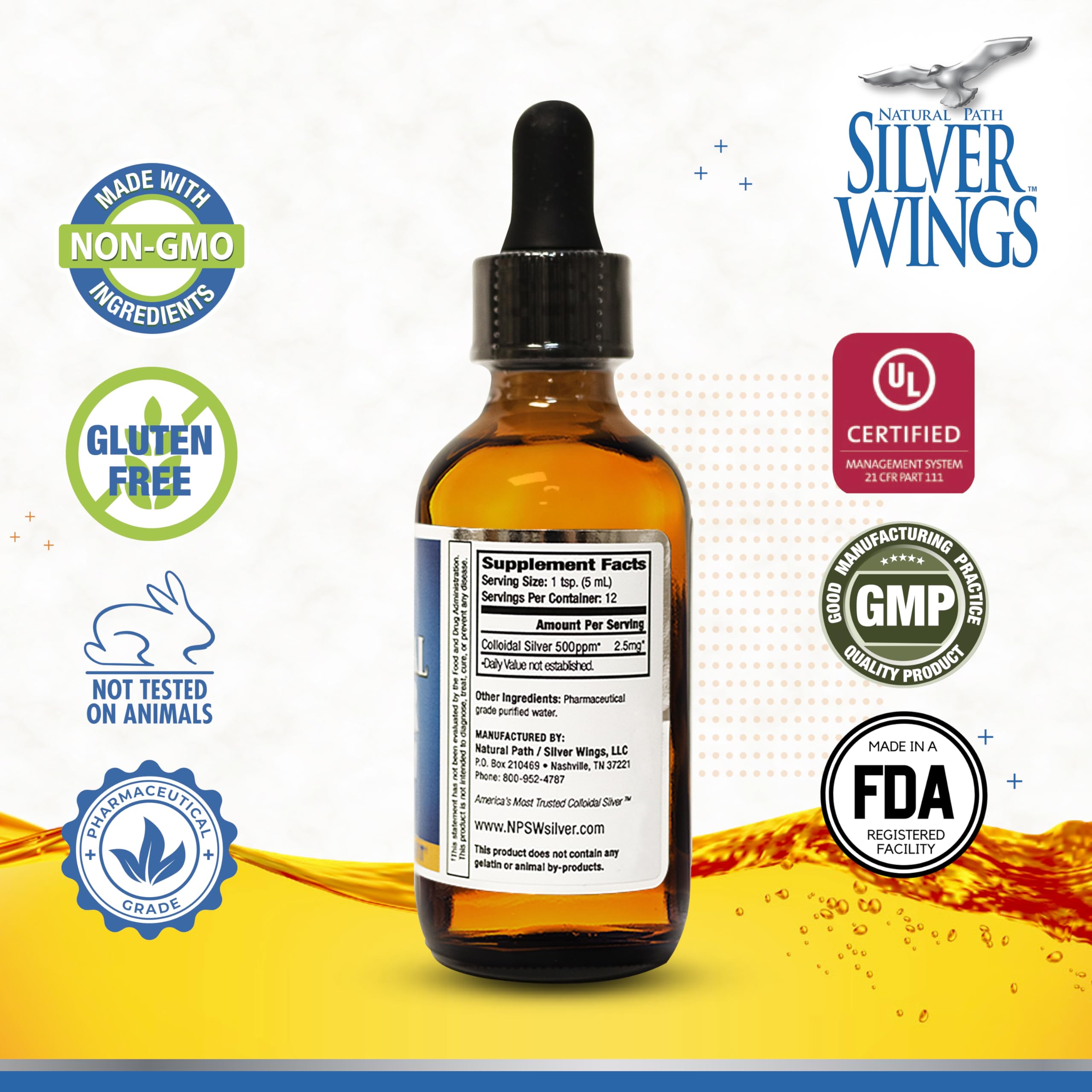 Natural Path Silver Wings Colloidal Silver - Extra Strength 500ppm Immune Support - 2oz Dropper