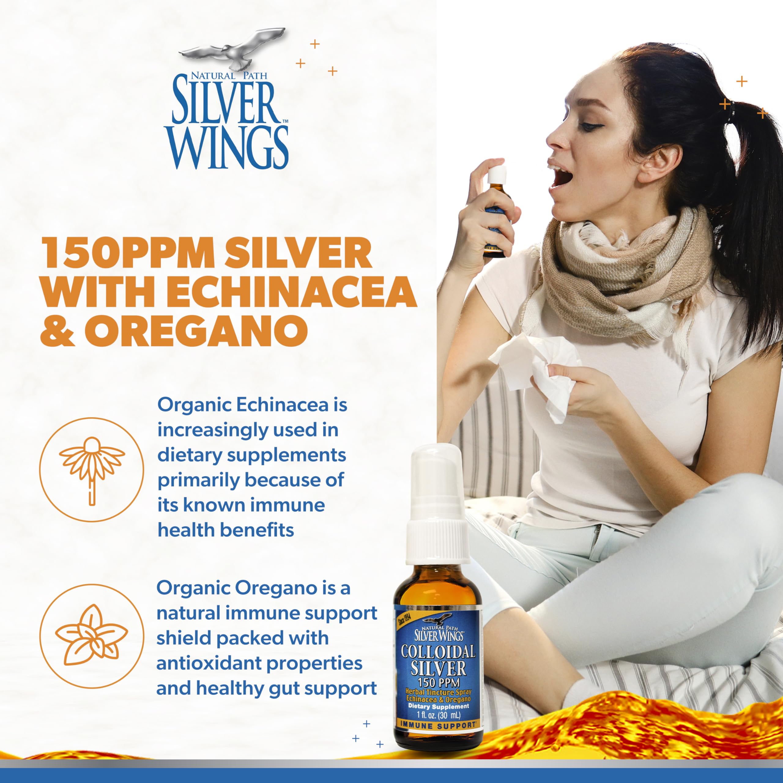 Natural Path Silver Wings Colloidal Silver 150ppm with Echinacea & Oregano Immune Support - 1 fl oz Spray