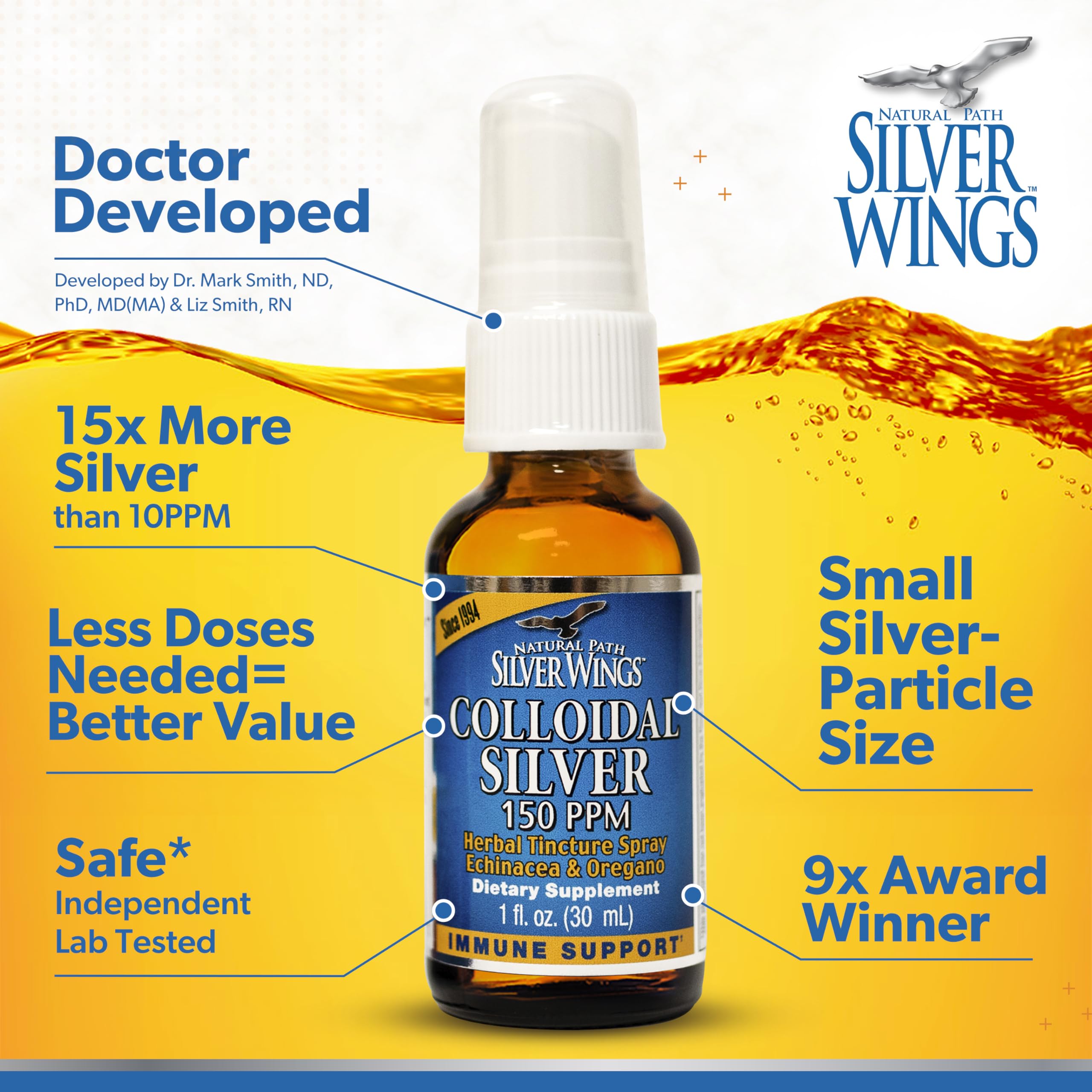 Natural Path Silver Wings Colloidal Silver 150ppm with Echinacea & Oregano Immune Support - 1 fl oz Spray