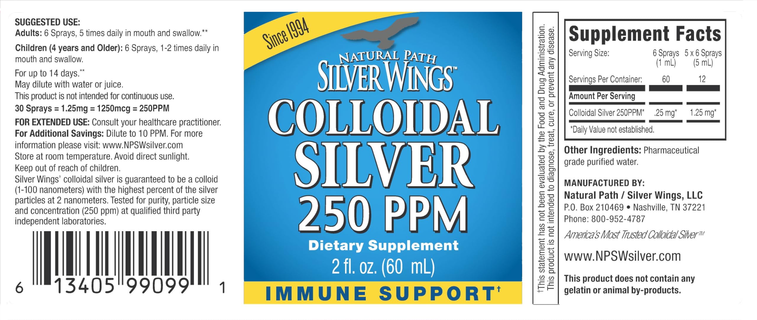 Natural Path Silver Wings Colloidal Silver Liquid - Enhanced Immune Support Supplement - 250ppm (1250mcg) - 2oz Spray