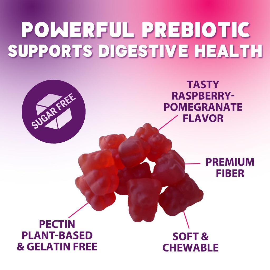 Prebiotic Fiber Gummies 4g - Sugar Free Gummy Fiber Supplement for Digestive Health & Regularity - Raspberry Flavor | Plant-Based, Non-GMO, Gluten Free - 60 Gummies
