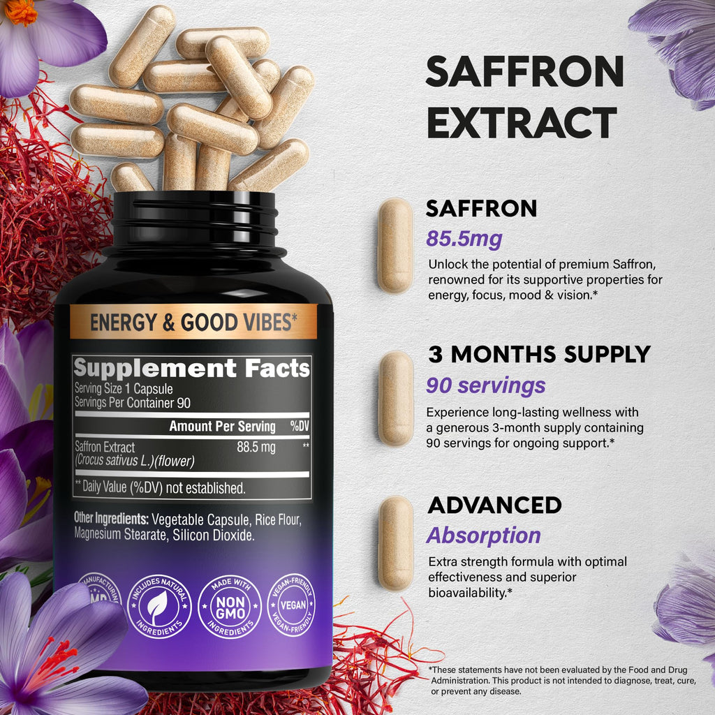 Natural Saffron Supplements – 88.5 mg Extract | Made in USA