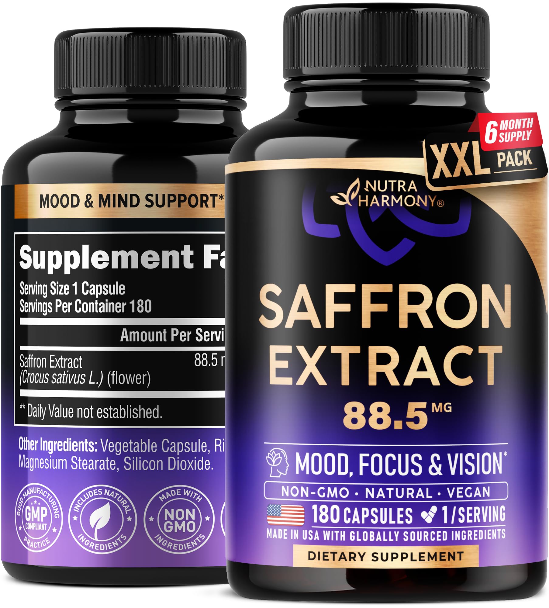 Natural Saffron Supplements 88.5 mg | Mood, Focus, Vision Support | Made in USA