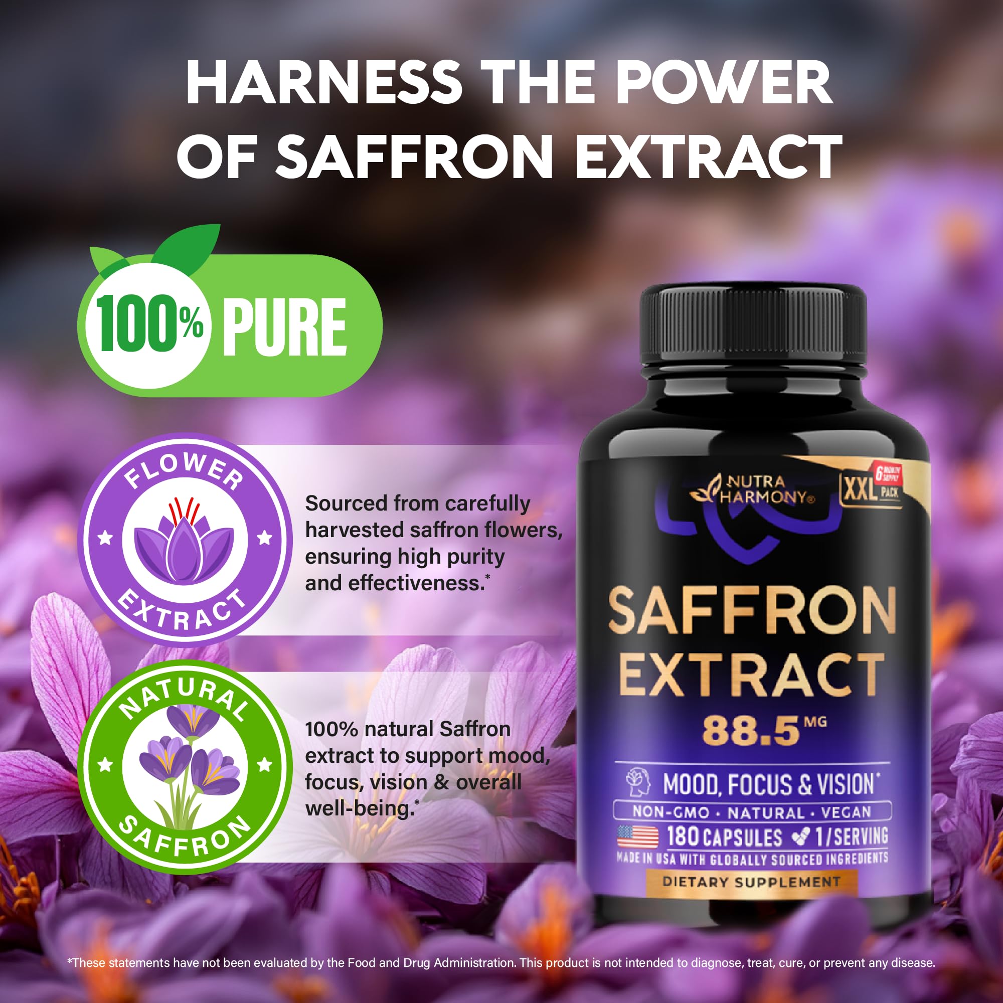 Natural Saffron Supplements 88.5 mg | Mood, Focus, Vision Support | Made in USA