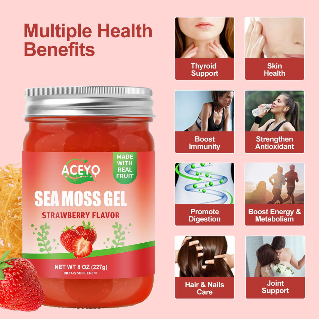 8 oz Natural Sea Moss Gel - Strawberry Flavor | Vegan, Non-GMO, 102 Vitamins