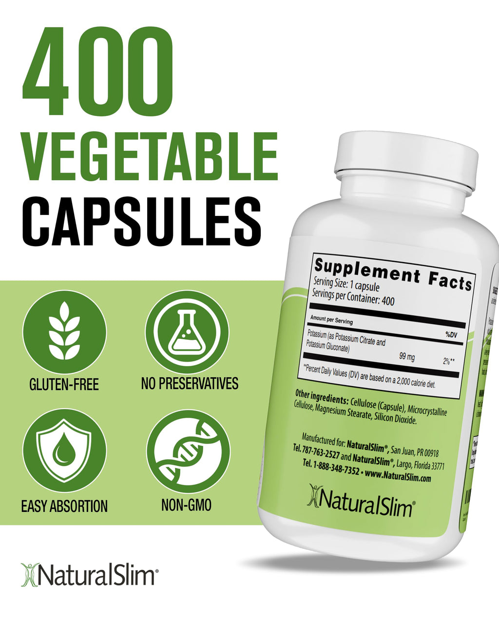 NaturalSlim Kadsorb Potassium Citrate Gluconate 99 mg – Electrolyte Balance & Heart Support, 400 Capsules