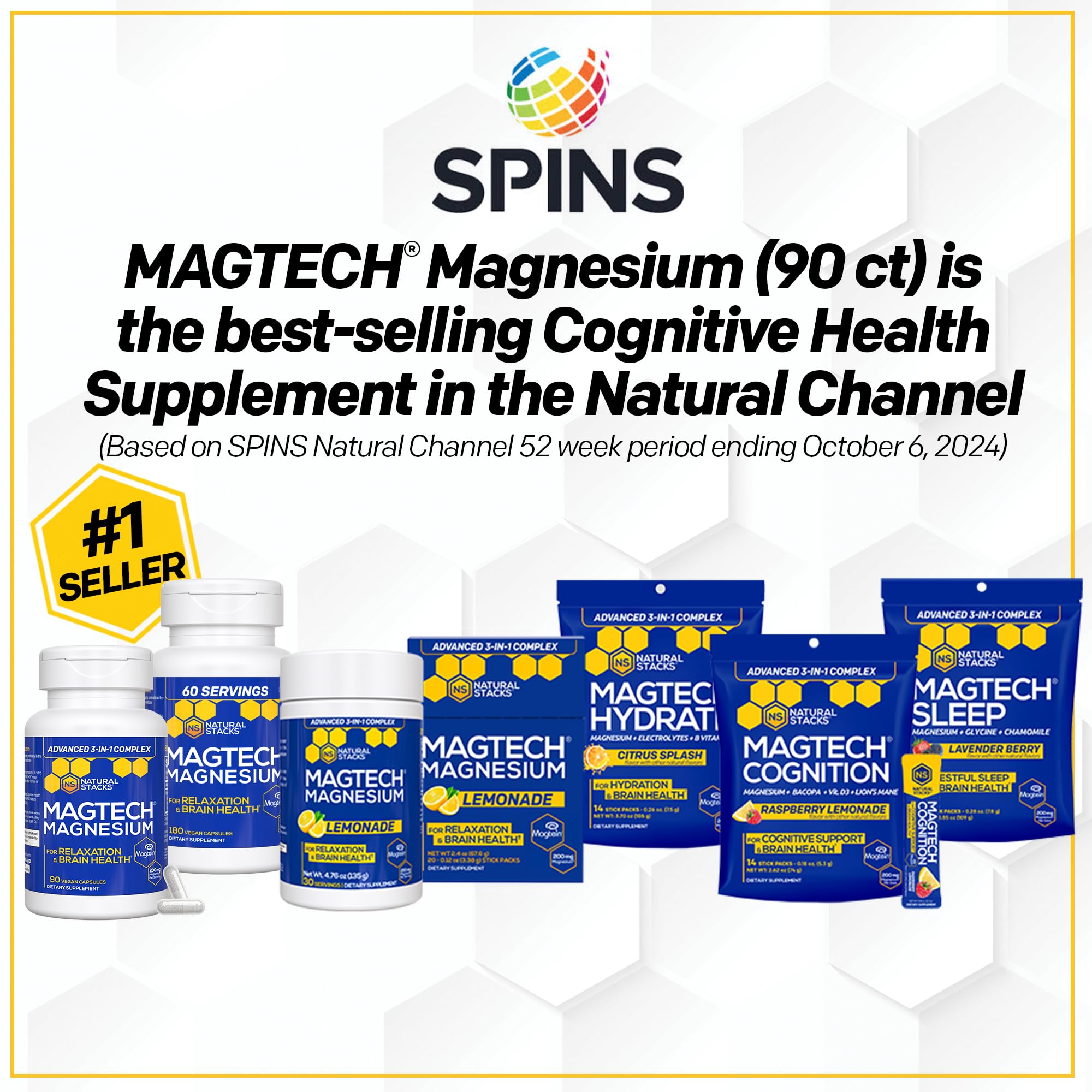 MagTech Magnesium Complex - 3-Form Magnesium (Magtein L-Threonate, Glycinate & Taurate) 200mg, 180 Capsules | NATURAL STACKS