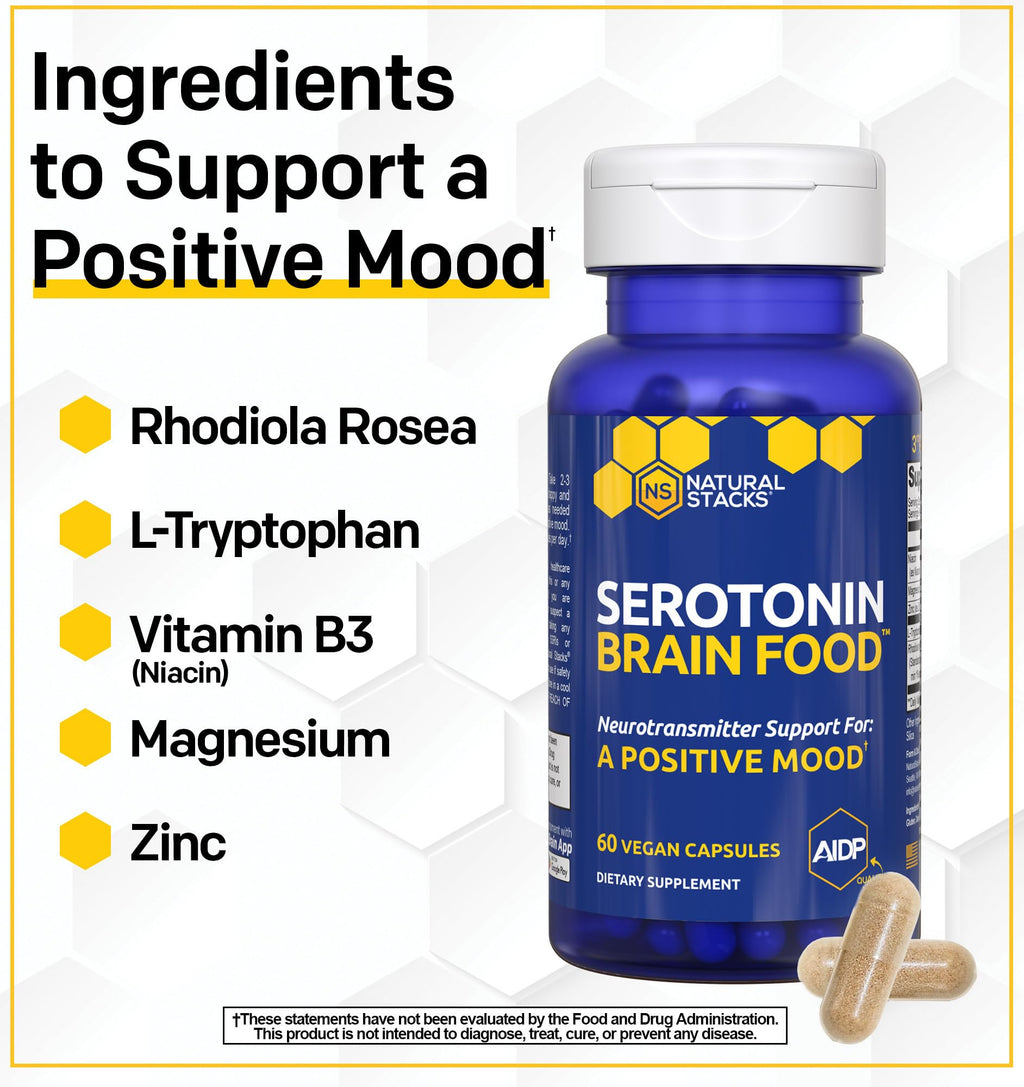Natural Stacks Serotonin Brain Food – 1250mg L-Tryptophan & 400mg Rhodiola Rosea – Mood Support with Magnesium Glycinate & Zinc – 60 Capsules