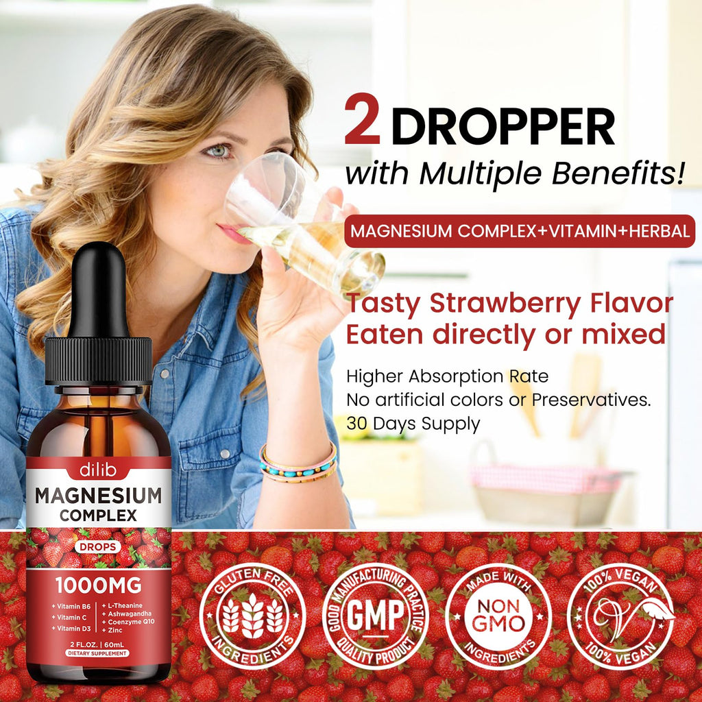 Triple Magnesium Complex Liquid Drops 1000mg - Stress Relief, Calm & Mood Support (2 Pack)