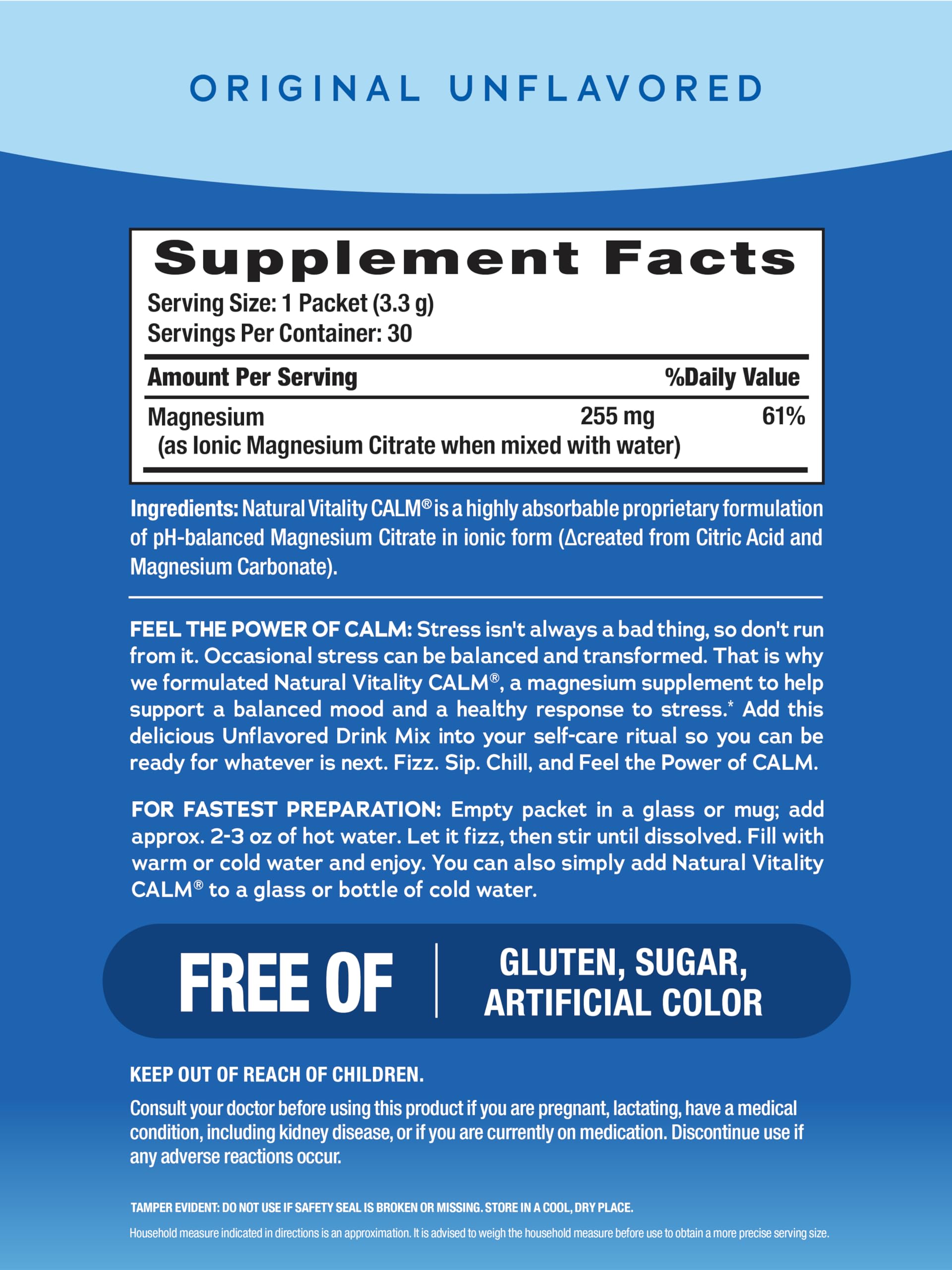 Natural Vitality Calm Magnesium Powder – Unflavored, 30 Packets (Package May Vary)
