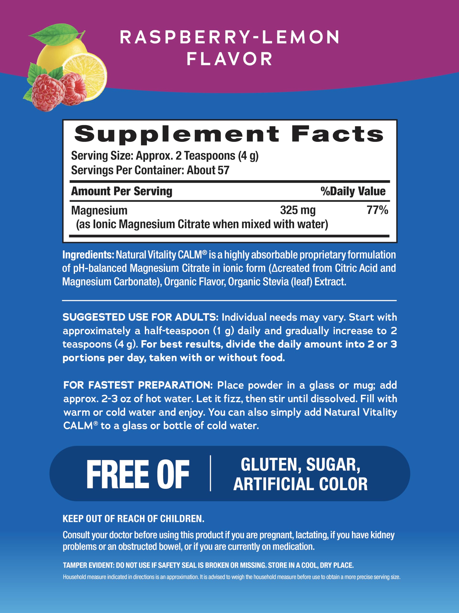 NATURAL VITALITY Raspberry Lemon Calm Magnesium Drink Mix, 8 OZ