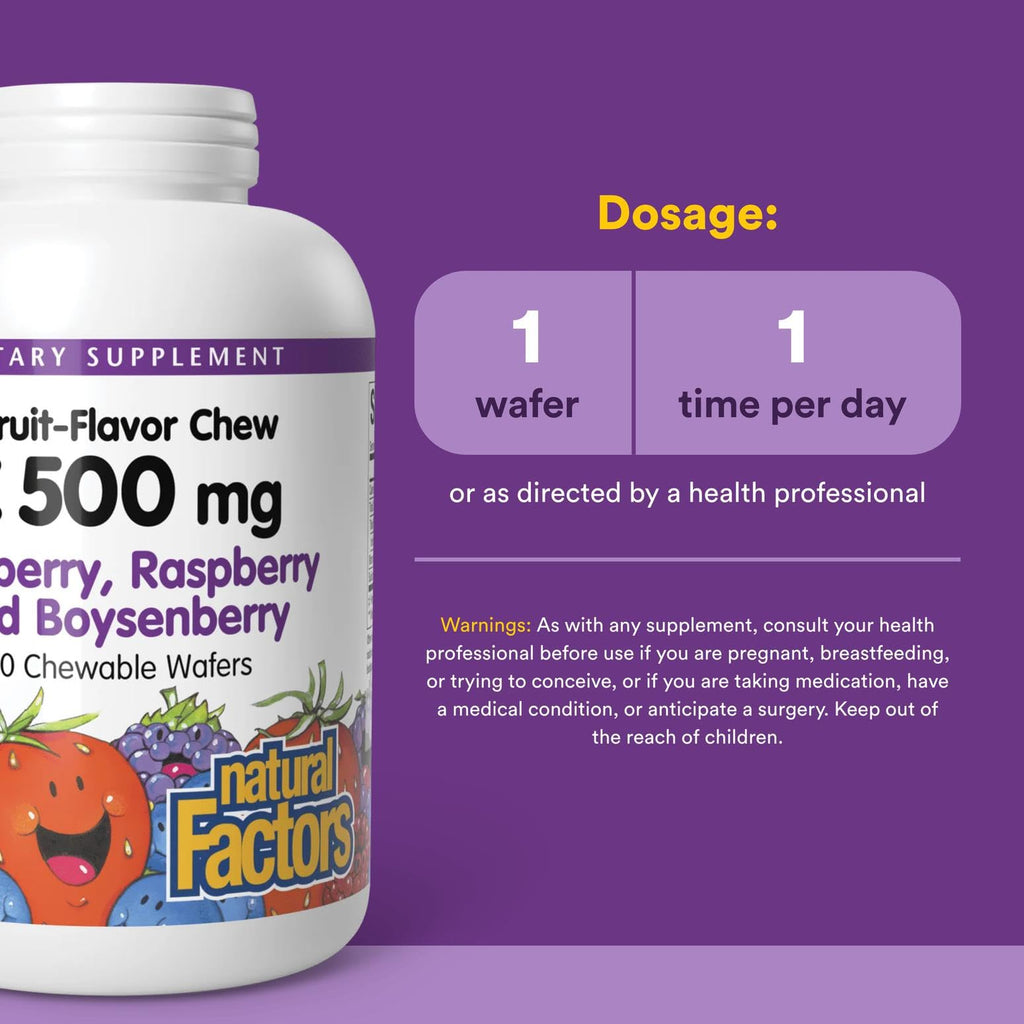Natural Factors Kids Vitamin C 500 mg Chewable - Immune Support, 180 Wafers